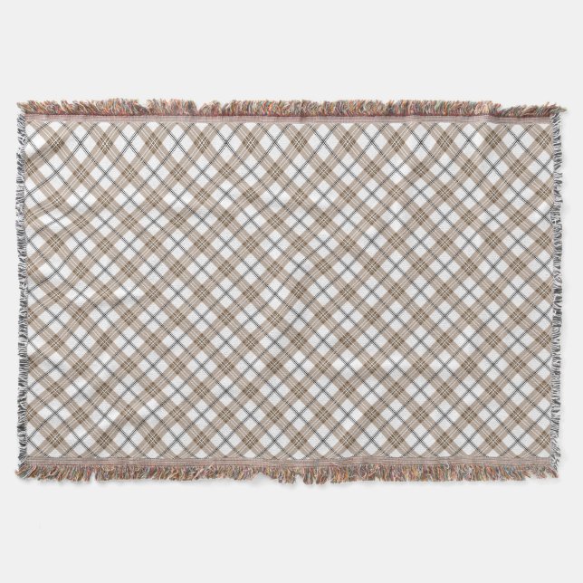 White beige black diagonal light checkered pattern throw blanket (Front)