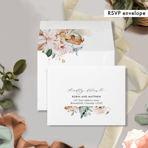 White Beige Earthy Blooms RSVP with Return Address Envelope