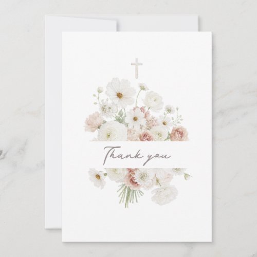 white beige flowers bouquet Baptism Thank you card