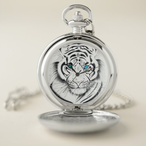 White Bengal Tiger Ink Art Pocket Watch