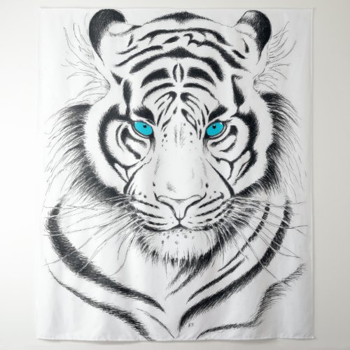 White Bengal Tiger Ink Art Tapestry
