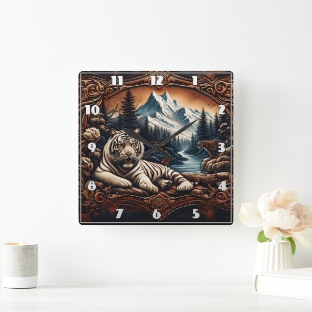 White Bengal Tiger Resting by Mountain Stream Square Wall Clock (Home)