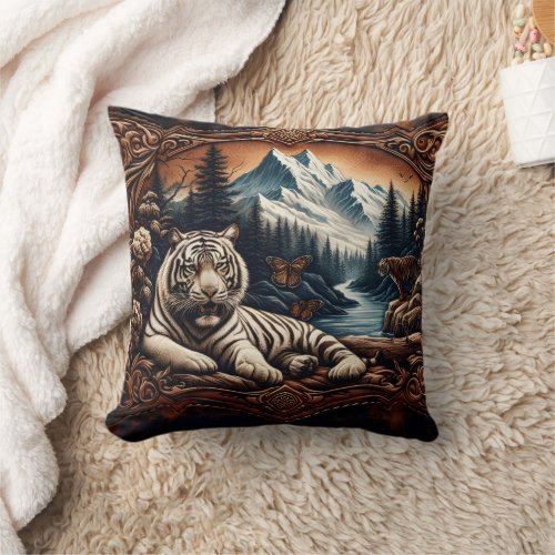 White Bengal Tiger Resting by Mountain Stream Throw Pillow