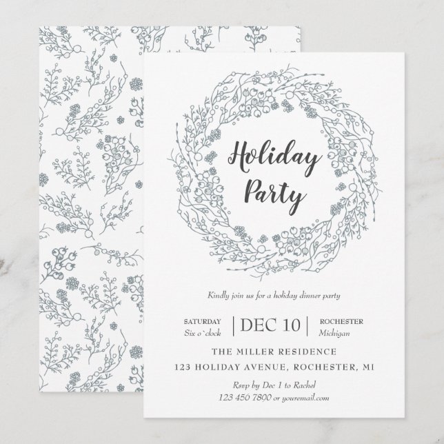 White Berries holiday wreath party Invitation (Front/Back)