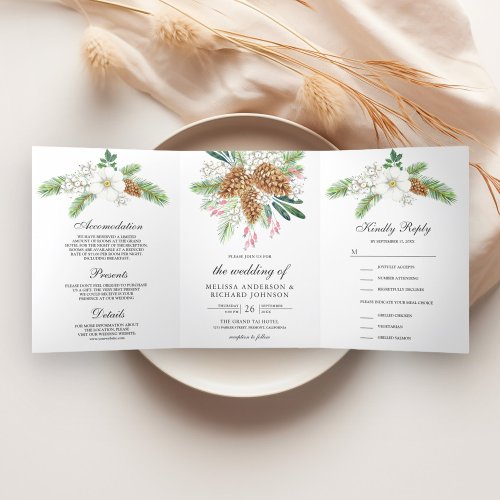 White Berries Pine Cones 3 in 1 Christmas Wedding  Tri_Fold Invitation