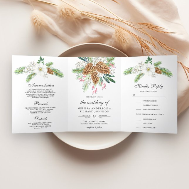 White Berries Pine Cones 3 in 1 Christmas Wedding  Tri-Fold Invitation (Creator Uploaded)