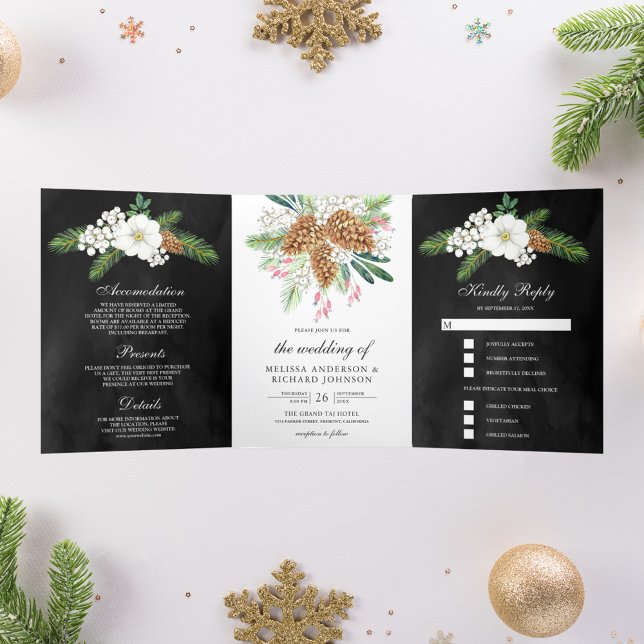White Berries Pine Cones Black Christmas Wedding Tri-Fold Invitation (Creator Uploaded)