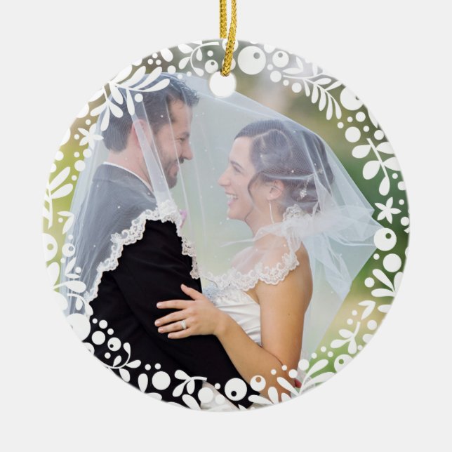 White Berry Framed Wedding Photo with Custom Text Ceramic Ornament (Front)