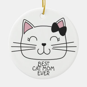 White best cat Mom ever with cute cartoon kitty Ceramic Ornament