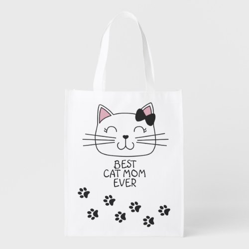 White best cat Mom ever with cute cartoon kitty Grocery Bag