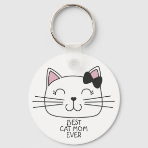 White best cat Mom ever with cute cartoon kitty Keychain