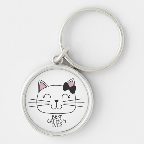 White best cat Mom ever with cute cartoon kitty Keychain