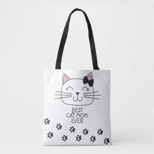 White best cat Mom ever with cute cartoon kitty Tote Bag
