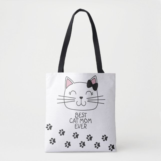 White best cat Mom ever with cute cartoon kitty Tote Bag (Front)