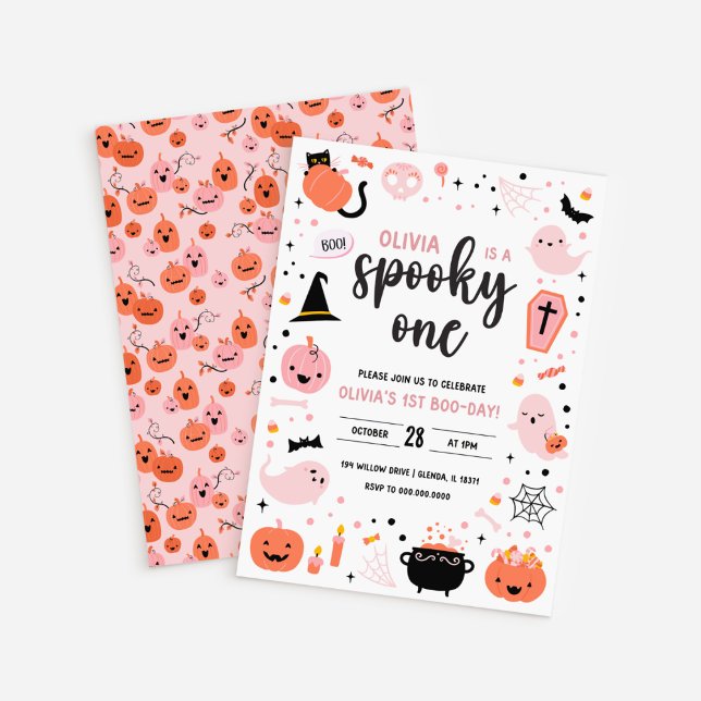 White BG Pink and Orange Halloween 1st Birthday In Invitation (White BG Pink and Orange Halloween 1st Birthday Invitation)