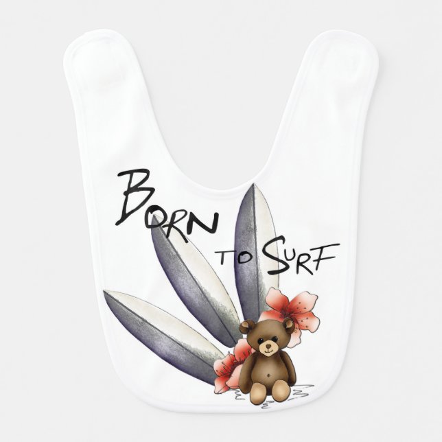 White bib “Born to surfing”, teddy and flowers (Front)