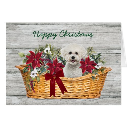 White Bichon Frise Dog in Basket Christmas Card