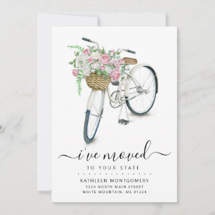 White Bicycle Pink Floral Basket Moving Announcement
