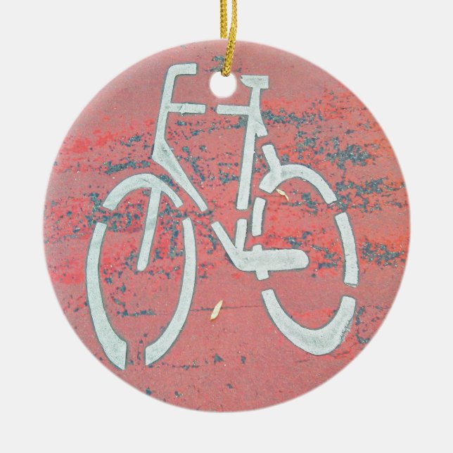White Bicycle Red Street, Traffic Sign Bicycles Ceramic Ornament (Front)