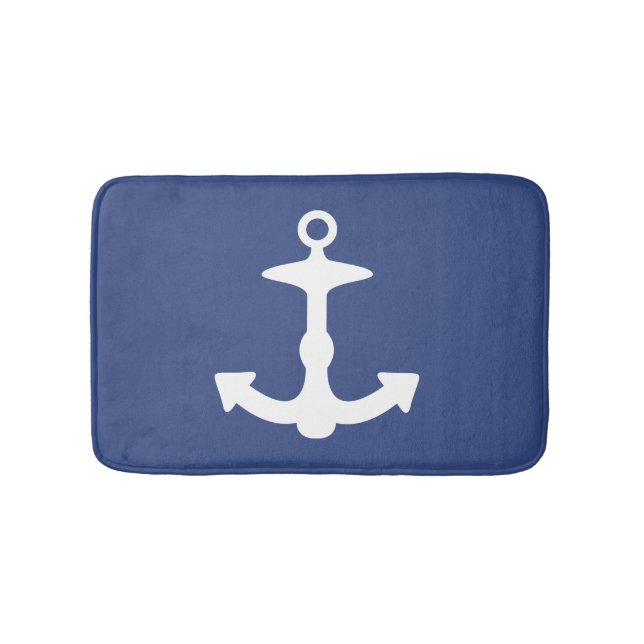 White Big Anchor Silhouette On Navy Blue Bathroom Mat (Front)