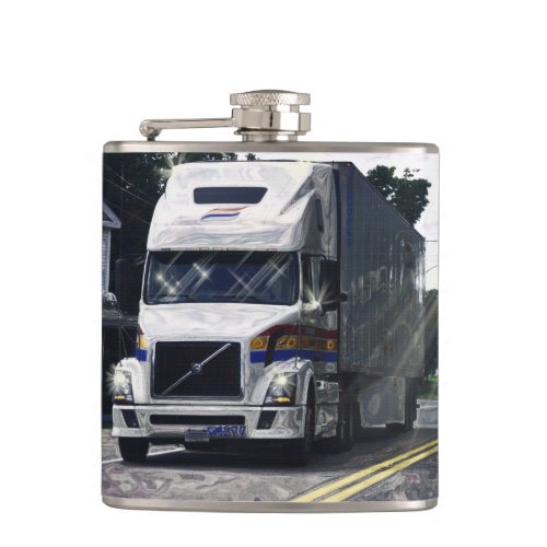 White Big Rig Truckers Lorry  Highway Truckers Hip Flask