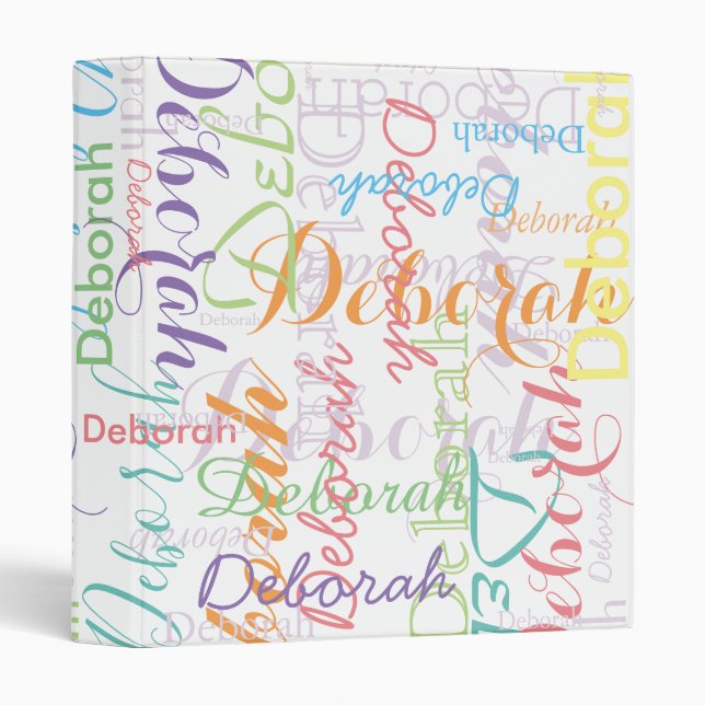 white binder with colorful names (Front/Spine)