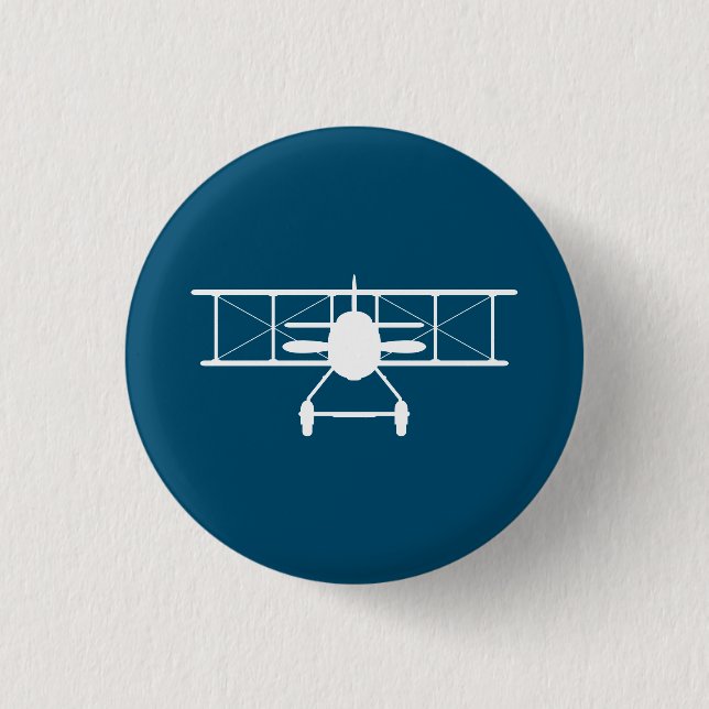 White Biplane Profile on Blue Background Button (Front)