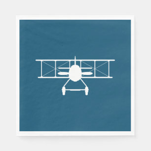 White Biplane Profile on Blue Background Napkins