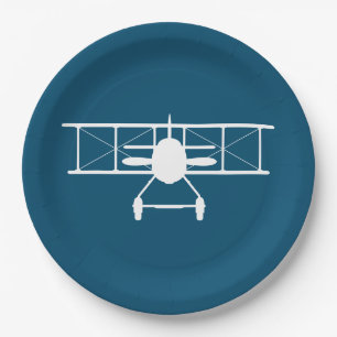 White Biplane Profile on Blue Background Paper Plates