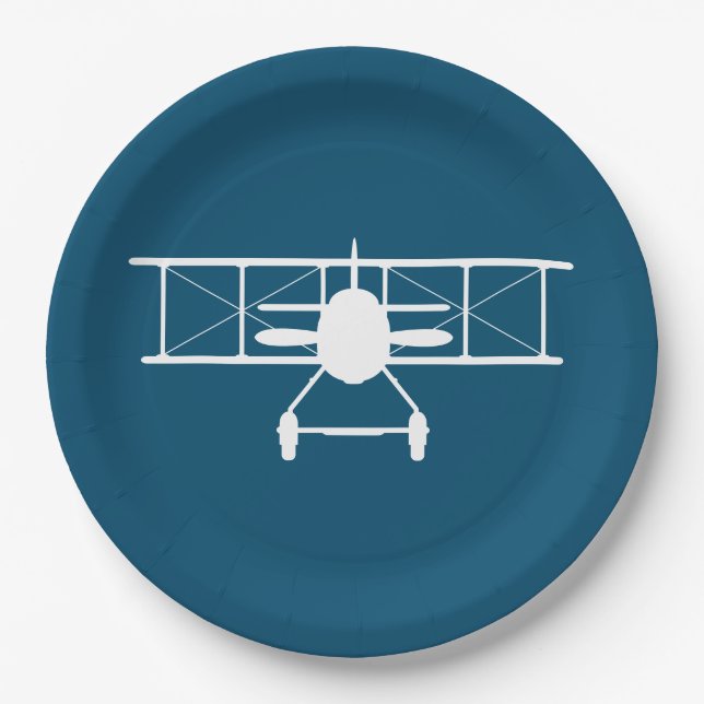 White Biplane Profile on Blue Background Paper Plates (Front)