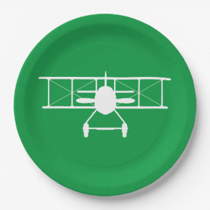 White Biplane Profile on Green Background Paper Plates