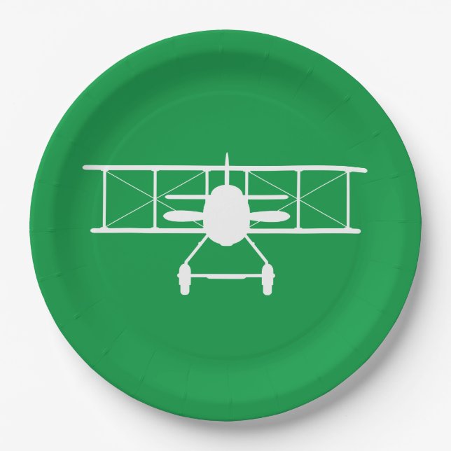 White Biplane Profile on Green Background Paper Plates (Front)