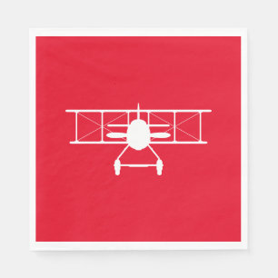 White Biplane Profile on Red Background Napkins