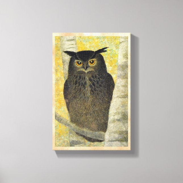 White Birch and Horned Owl Katsuda Yukio bird art Canvas Print (Front)