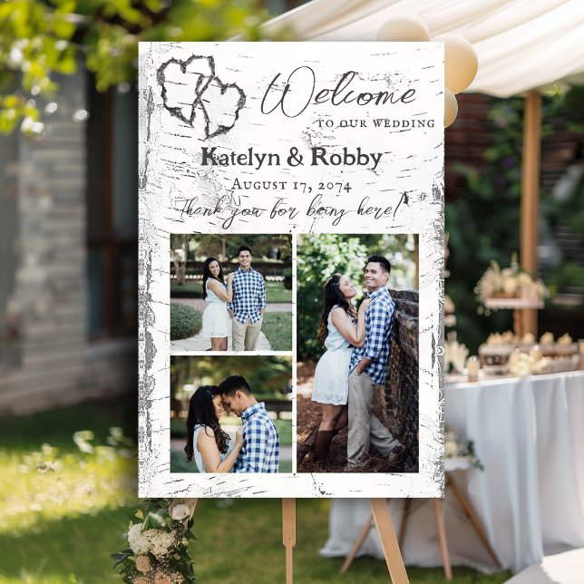 White Birch Bark Wedding Photo Collage Welcome Foam Board (Creator Uploaded)