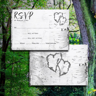 White Birch Carved Hearts Wedding RSVP Card