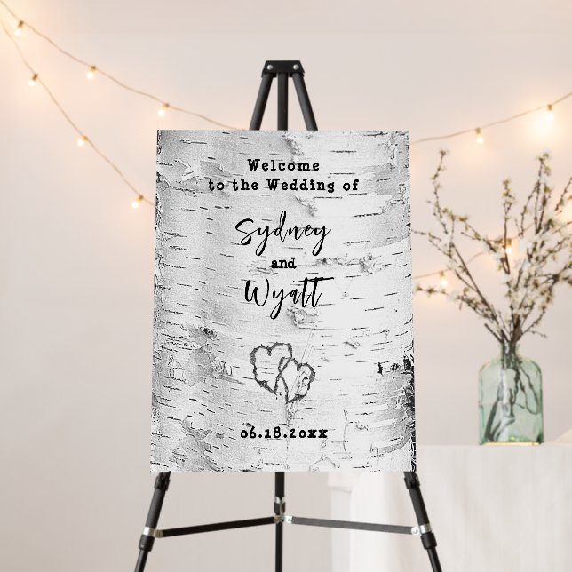 White Birch Carved Hearts Wedding Welcome Sign (In Situ (Stand))