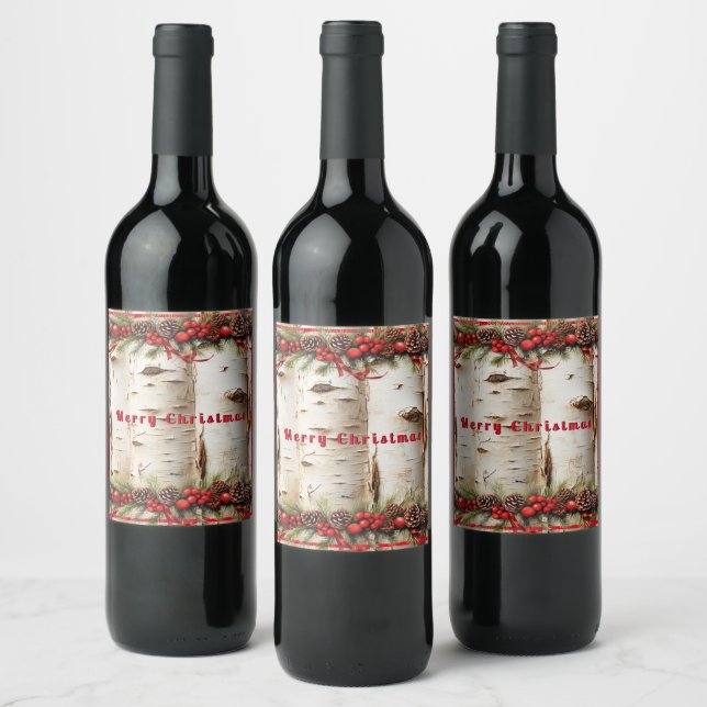 White Birch Christmas Garland Red Ornaments Wine Label (Bottles)