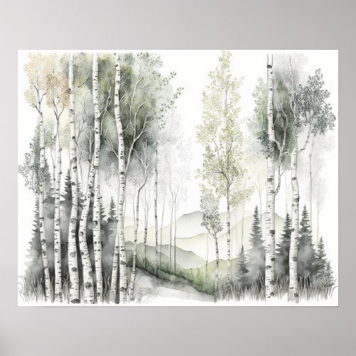White Birch Forest Watercolor Poster