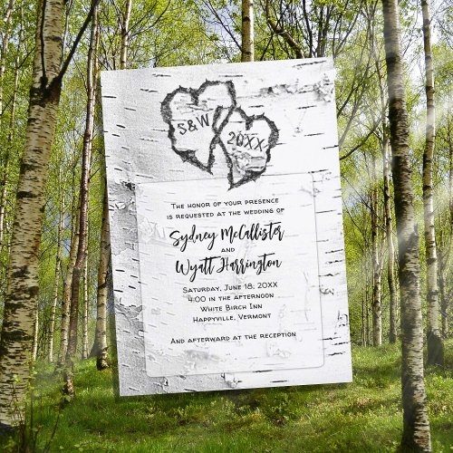 White Birch Hearts Nature Wedding Invitation