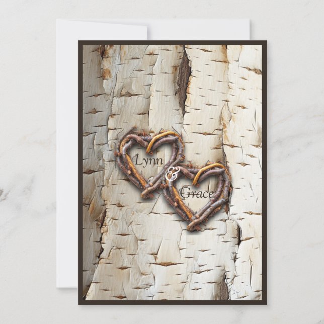 White Birch Tree Bark Rustic Stick Hearts  Invitation (Front)