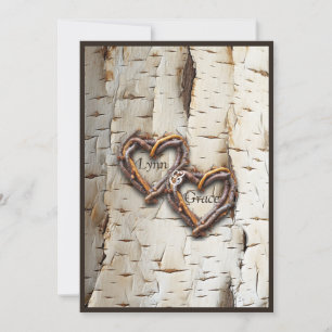 White Birch Tree Bark Rustic Stick Hearts Invitation