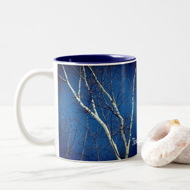 White Birch Tree Blue Sky Personalized Two-Tone Coffee Mug (With Donut)