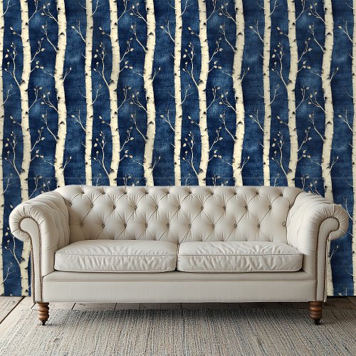 White Birch Tree Pattern Blue Wallpaper Wallpaper