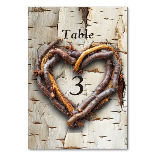White Birch Tree Twig Heart Frame Table Number