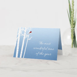 White Birch Trees, Red Cardinal, Snowfall Holiday Card