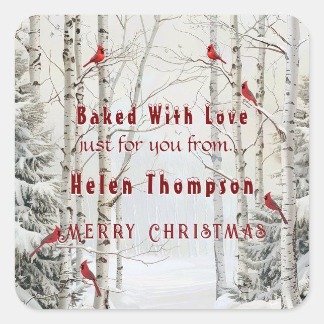 White Birch Trees  Winter Forest Red Cardinals   Square Sticker (Front)