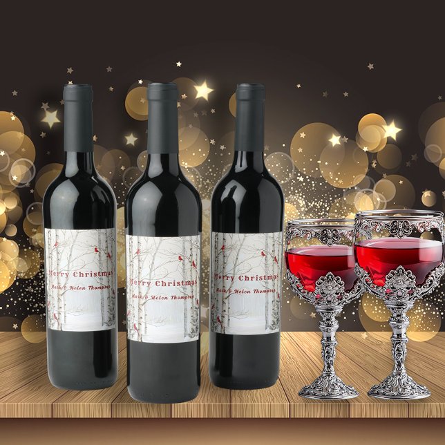 White Birch Trees  Winter Forest Red Cardinals   Wine Label (Creator Uploaded)