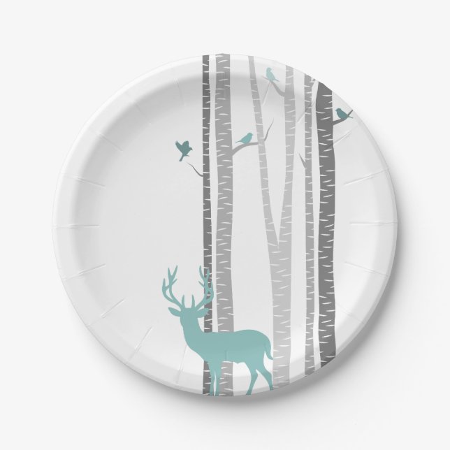 White Birch Trees with Deer and Birds Paper Plates (Front)
