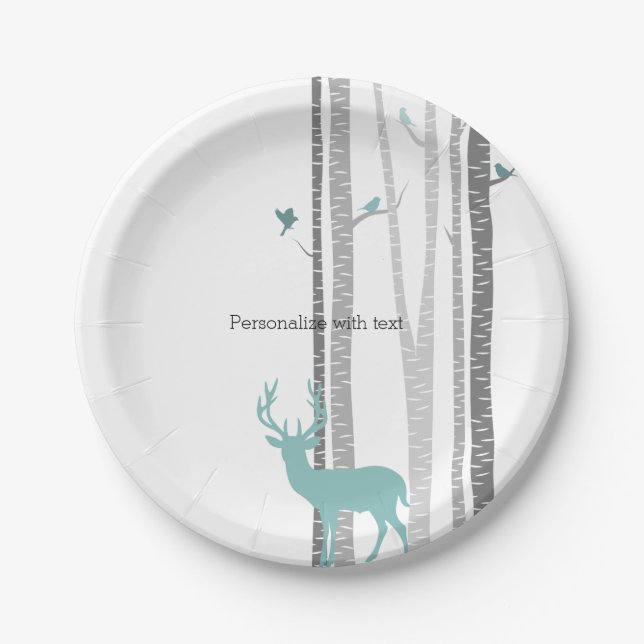 White Birch Trees with Deer and Birds Party Plate (Front)